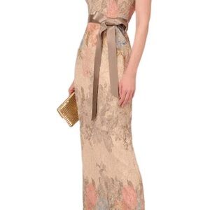 Adrianna Papell Beige Floral Taupe Sash mateleasse column back slit cap sleeve